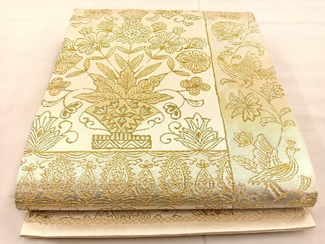 平和屋着物◎六通柄袋帯 花鳥文 金糸 正絹 逸品 BAAT1901if