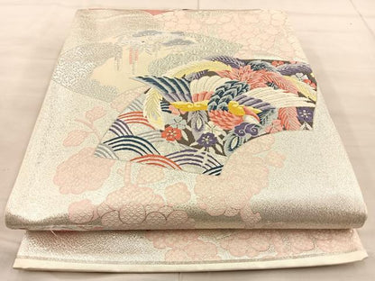 平和屋着物◎六通柄袋帯 唐織 扇面取鳳凰文 銀糸 正絹 逸品 BAAT1950if