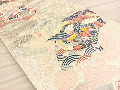 平和屋着物◎六通柄袋帯 唐織 扇面取鳳凰文 銀糸 正絹 逸品 BAAT1950if