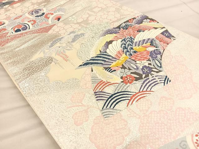 平和屋着物◎六通柄袋帯 唐織 扇面取鳳凰文 銀糸 正絹 逸品 BAAT1950if