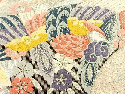 平和屋着物◎六通柄袋帯 唐織 扇面取鳳凰文 銀糸 正絹 逸品 BAAT1950if
