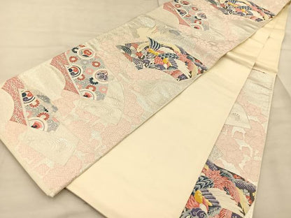 平和屋着物◎六通柄袋帯 唐織 扇面取鳳凰文 銀糸 正絹 逸品 BAAT1950if