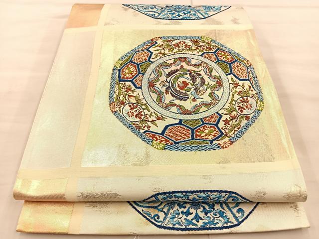 平和屋着物◎六通柄袋帯 唐織 花絵皿 金糸 正絹 逸品 BAAT1963if
