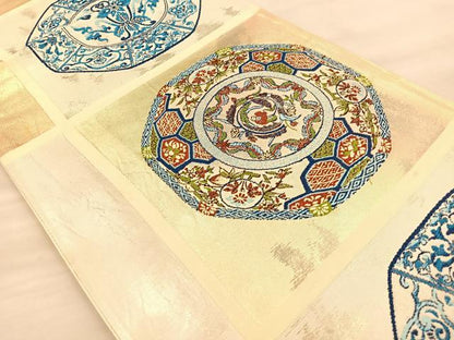 平和屋着物◎六通柄袋帯 唐織 花絵皿 金糸 正絹 逸品 BAAT1963if