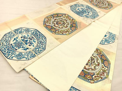 平和屋着物◎六通柄袋帯 唐織 花絵皿 金糸 正絹 逸品 BAAT1963if
