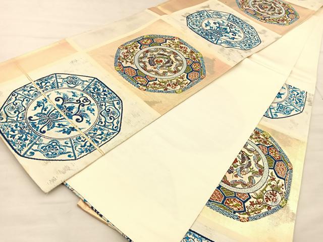 平和屋着物◎六通柄袋帯 唐織 花絵皿 金糸 正絹 逸品 BAAT1963if