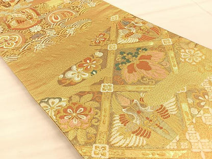 平和屋着物◎六通柄袋帯 菱天井向かい鶴花文 金銀糸 正絹 逸品 BAAT1972if