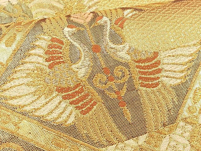 平和屋着物◎六通柄袋帯 菱天井向かい鶴花文 金銀糸 正絹 逸品 BAAT1972if