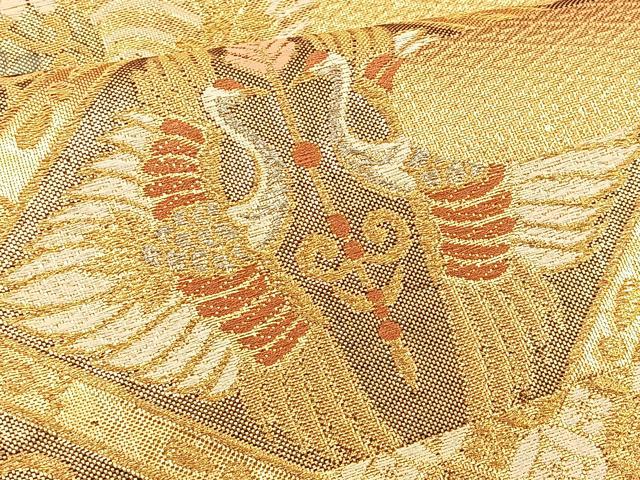 平和屋着物◎六通柄袋帯 菱天井向かい鶴花文 金銀糸 正絹 逸品 BAAT1972if