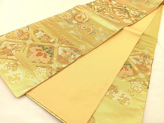 平和屋着物◎六通柄袋帯 菱天井向かい鶴花文 金銀糸 正絹 逸品 BAAT1972if