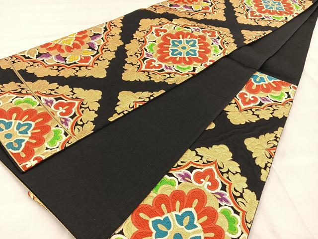 平和屋着物◎六通柄袋帯 唐織 花菱文 黒地 金糸 正絹 逸品 BAAT2018ph