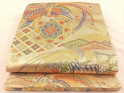 平和屋着物◎佐賀錦 全通柄袋帯 御所車花鳥文 金糸 正絹 逸品 BAAT2027ph
