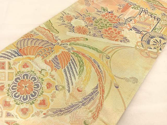 平和屋着物◎佐賀錦 全通柄袋帯 御所車花鳥文 金糸 正絹 逸品 BAAT2027ph