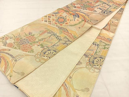 平和屋着物◎佐賀錦 全通柄袋帯 御所車花鳥文 金糸 正絹 逸品 BAAT2027ph