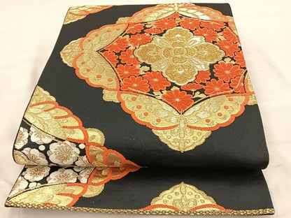 平和屋着物◎六通柄袋帯 唐織 花蝶文 黒地 金銀糸 正絹 逸品 BAAT2071ph