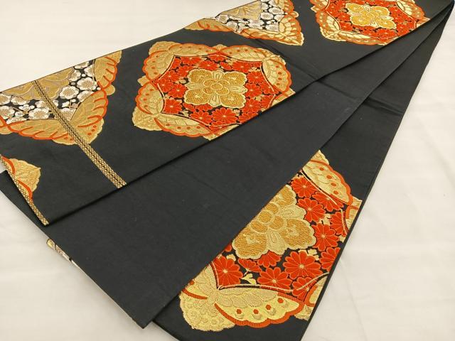 平和屋着物◎六通柄袋帯 唐織 花蝶文 黒地 金銀糸 正絹 逸品 BAAT2071ph