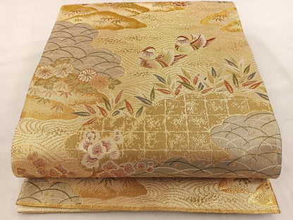 平和屋着物◎佐賀錦 六通柄袋帯 鴛鴦花文 金糸 正絹 逸品 BAAT2102ph
