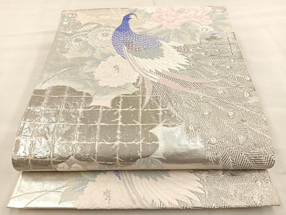 平和屋着物◎六通柄袋帯 唐織 孔雀花文 銀糸 正絹 逸品 BAAT2145ph