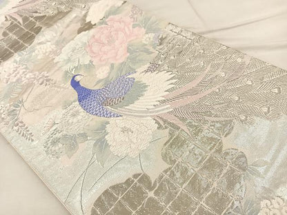 平和屋着物◎六通柄袋帯 唐織 孔雀花文 銀糸 正絹 逸品 BAAT2145ph