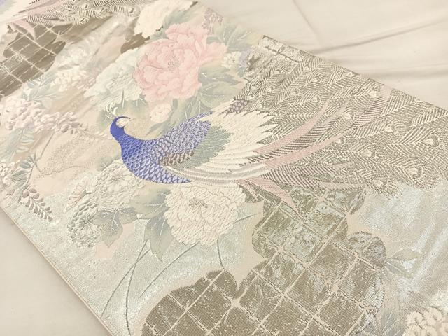 平和屋着物◎六通柄袋帯 唐織 孔雀花文 銀糸 正絹 逸品 BAAT2145ph