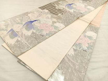 平和屋着物◎六通柄袋帯 唐織 孔雀花文 銀糸 正絹 逸品 BAAT2145ph