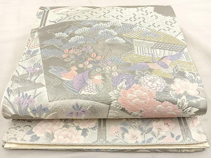 平和屋着物◎六通柄袋帯 唐織 扇面花鳥文 プラチナ箔 正絹 逸品 BAAT2153ph
