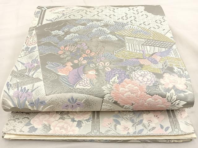 平和屋着物◎六通柄袋帯 唐織 扇面花鳥文 プラチナ箔 正絹 逸品 BAAT2153ph