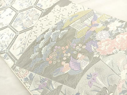 平和屋着物◎六通柄袋帯 唐織 扇面花鳥文 プラチナ箔 正絹 逸品 BAAT2153ph