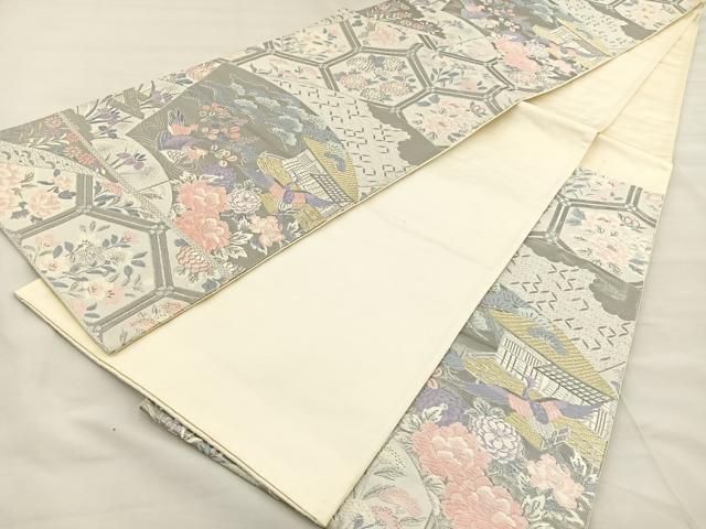 平和屋着物◎六通柄袋帯 唐織 扇面花鳥文 プラチナ箔 正絹 逸品 BAAT2153ph