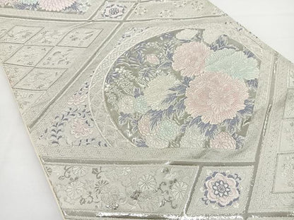 平和屋着物◎六通柄袋帯 唐織 花丸文 九百錦 プラチナ箔 正絹 逸品 BAAT2625ea