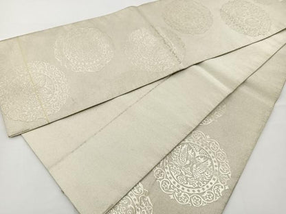 平和屋着物◎六通柄袋帯　正倉院向かい鳳凰花文　銀糸　正絹　逸品　BAAT2642ea