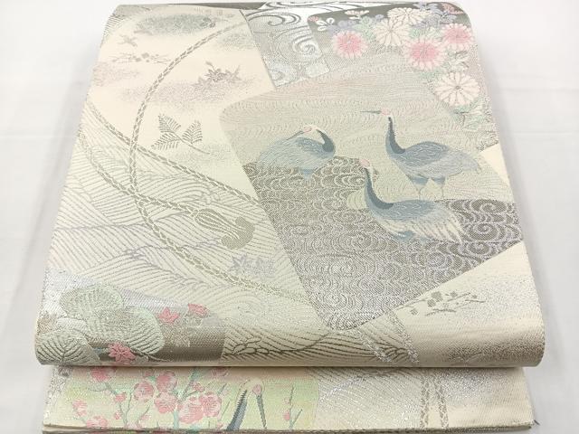 平和屋着物◎六通柄袋帯 色紙重ね花鳥文 銀糸 正絹 逸品 BAAT2679ea