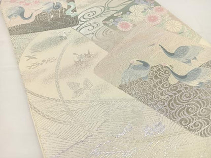 平和屋着物◎六通柄袋帯 色紙重ね花鳥文 銀糸 正絹 逸品 BAAT2679ea