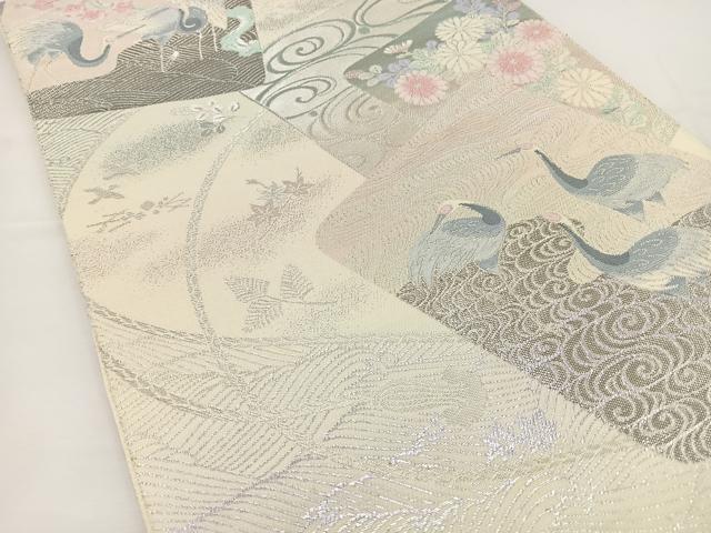 平和屋着物◎六通柄袋帯 色紙重ね花鳥文 銀糸 正絹 逸品 BAAT2679ea