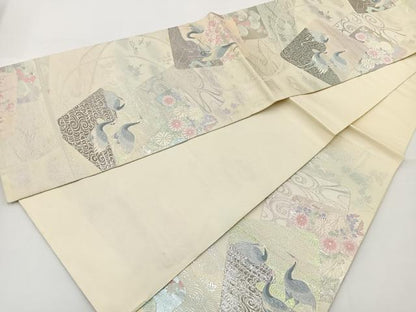 平和屋着物◎六通柄袋帯 色紙重ね花鳥文 銀糸 正絹 逸品 BAAT2679ea
