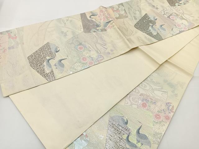 平和屋着物◎六通柄袋帯 色紙重ね花鳥文 銀糸 正絹 逸品 BAAT2679ea