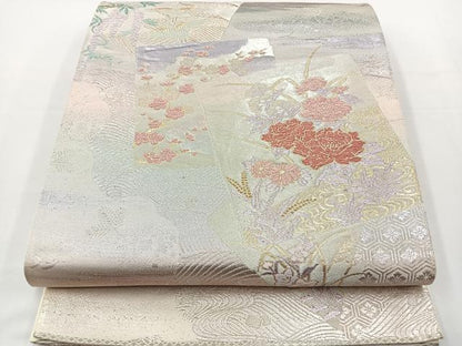 平和屋着物◎六通柄袋帯　色紙重ね花鳥文　金糸　正絹　逸品　BAAT2691ea