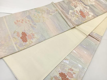 平和屋着物◎六通柄袋帯　色紙重ね花鳥文　金糸　正絹　逸品　BAAT2691ea