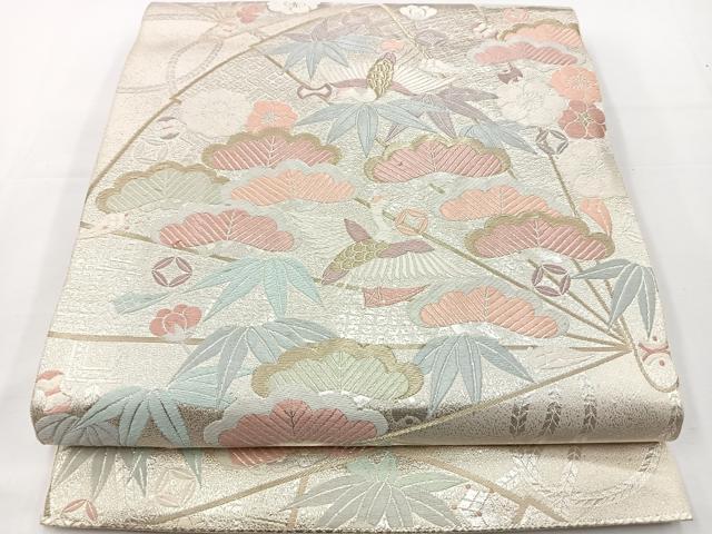 平和屋着物◎六通柄袋帯　唐織　檜扇花鳥文　金銀糸　正絹　逸品　BAAT2695ea
