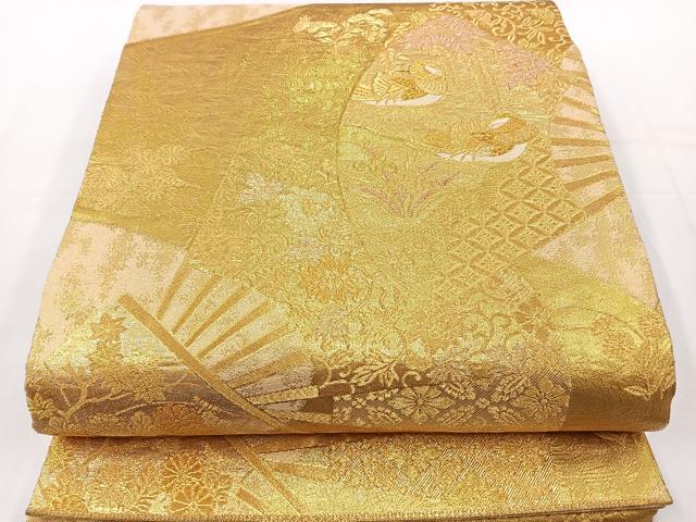 平和屋着物◎六通柄袋帯 扇面鴛鴦花文 金糸 正絹 逸品 BAAT2733ea