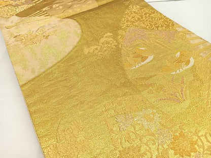 平和屋着物◎六通柄袋帯 扇面鴛鴦花文 金糸 正絹 逸品 BAAT2733ea
