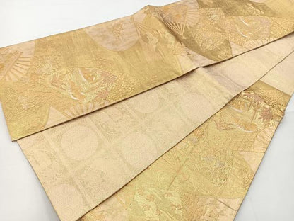 平和屋着物◎六通柄袋帯 扇面鴛鴦花文 金糸 正絹 逸品 BAAT2733ea