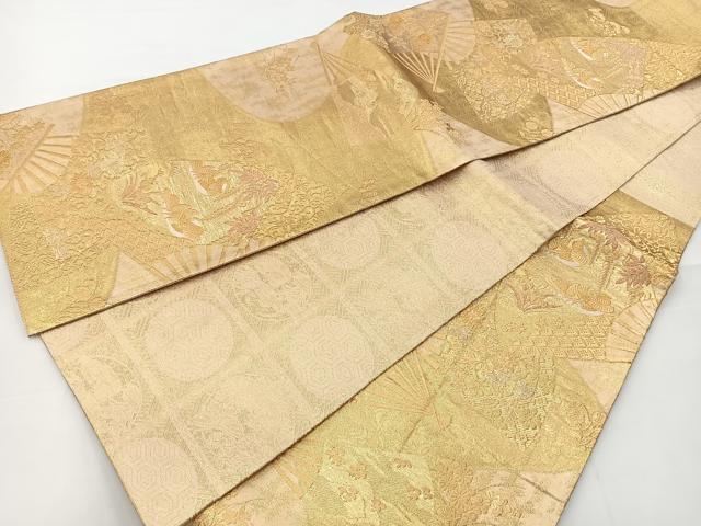 平和屋着物◎六通柄袋帯 扇面鴛鴦花文 金糸 正絹 逸品 BAAT2733ea