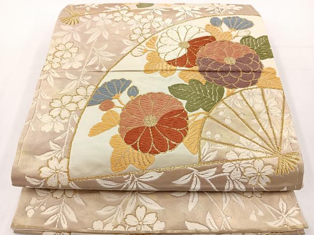 平和屋着物◎六通柄袋帯 唐織 扇面花文 織文錦 金糸 引箔 正絹 逸品 BAAT2735ea