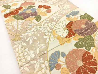 平和屋着物◎六通柄袋帯 唐織 扇面花文 織文錦 金糸 引箔 正絹 逸品 BAAT2735ea