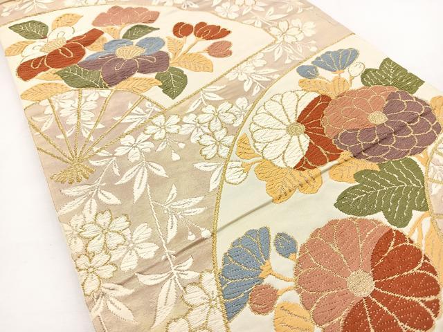平和屋着物◎六通柄袋帯 唐織 扇面花文 織文錦 金糸 引箔 正絹 逸品 BAAT2735ea