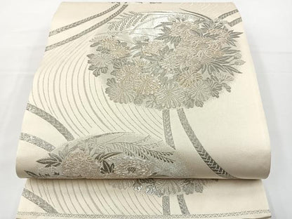 平和屋着物◎六通柄袋帯 草花丸文 プラチナ箔 九百緞子 正絹 逸品 BAAT2742ea