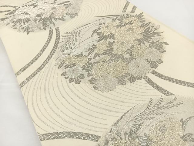 平和屋着物◎六通柄袋帯 草花丸文 プラチナ箔 九百緞子 正絹 逸品 BAAT2742ea