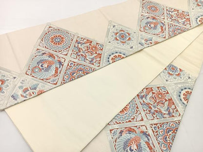 平和屋着物◎六通柄袋帯　唐織　菱取コプト唐草文　銀糸　正絹　逸品　BAAT2746ea