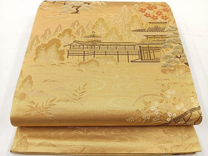 平和屋着物◎六通柄袋帯 流水風景花文 金糸 正絹 逸品 BAAT2748ea